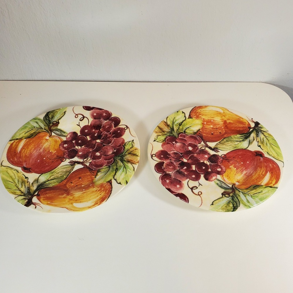 Pier 1 Hand Painted Italian Fruit 9" Round Plates Set of 2 Earthenware Italy